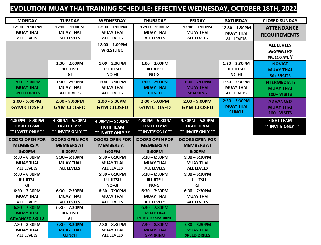 Evolution Muay Thai Training Schedule